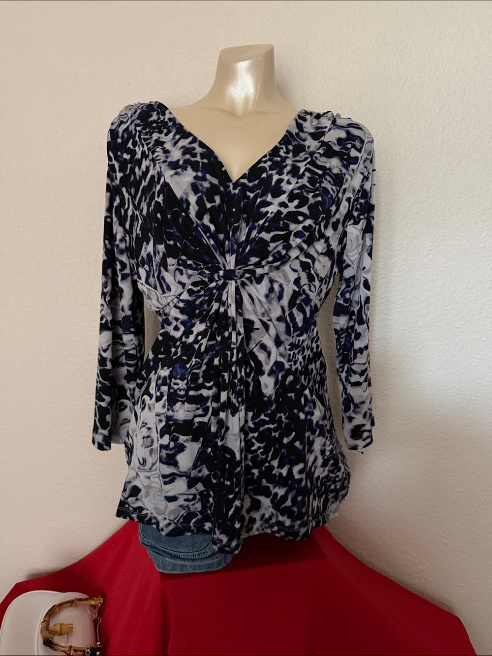 Daisy Fuentes Navy and White Twist-Front Long Sleeve Blouse